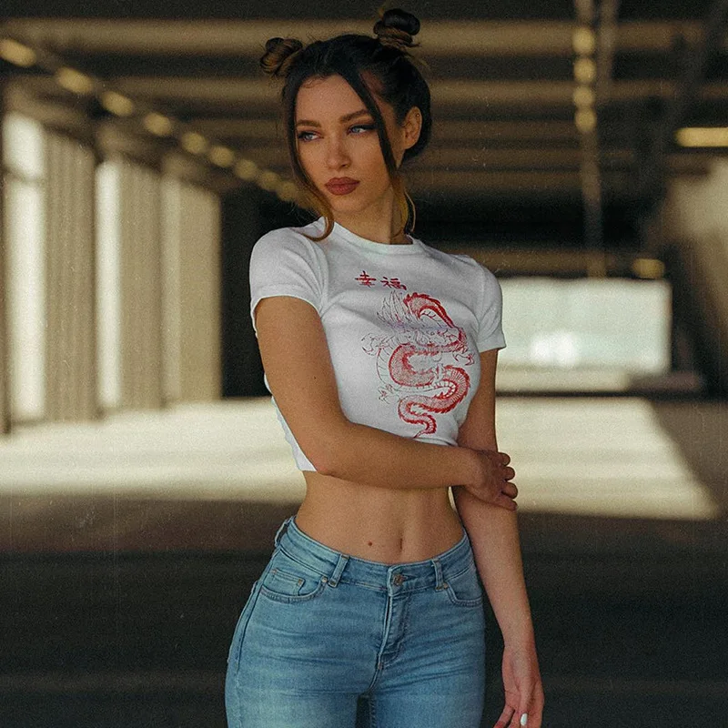
Harajuku Women Crop Top Female Clothes Women Clothing Dragon Printed Chinese Style Fashion T-shirt Tops 