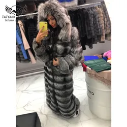 130cm Long Real Fox Fur Coat With Hood Thick Warm Natural Fur Coats Women Outwear Luxury 2021 Trendy Female Fur Overcoats