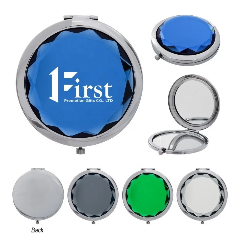 Metal Compact Mirror Wholesale Custom Jewelled Round Shape Double Sided Metal Crystal Folding Cosmetic Compact Pocket Mirror