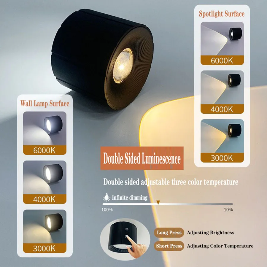 Hot Selling 3CCT Interior USB Rechargeable Wall Lamps Adjustable Angle Brightness Black Indoor Magnetic Wireless Wall Lights