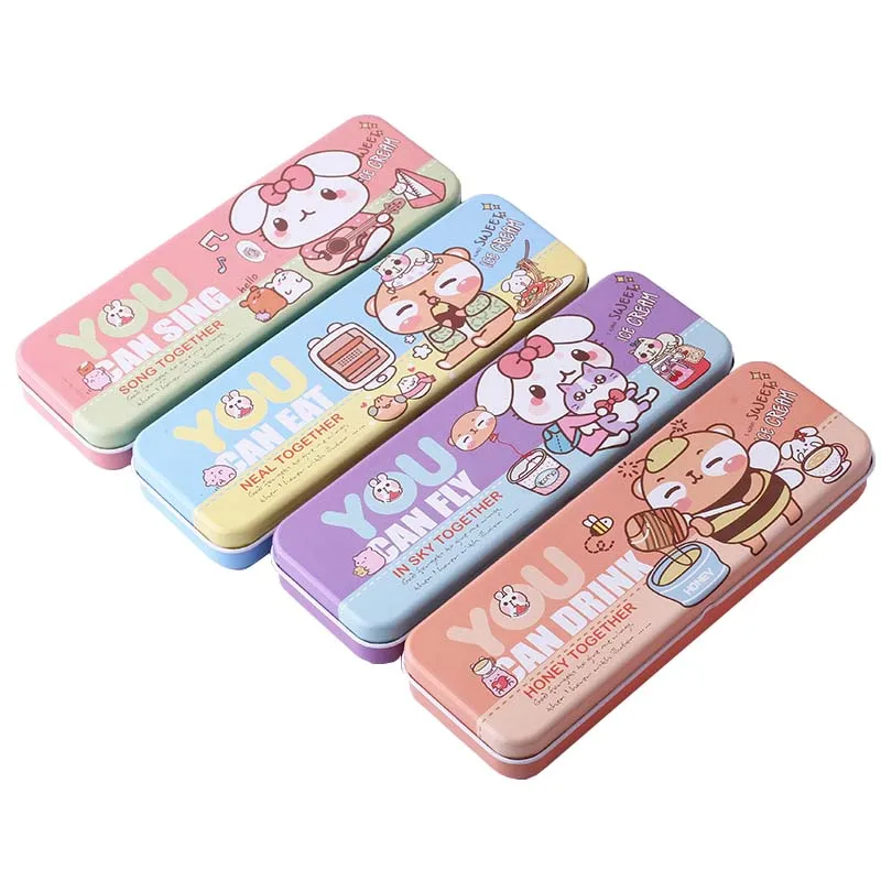 School Children Classic Pen Case Single Stationery Box Cute Cartoon Art Rectangle Double Layers Pupils Metal Pencil Box