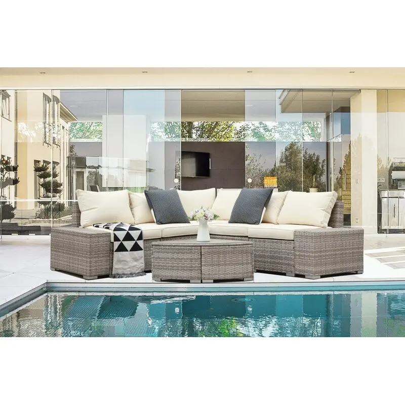 Уличный высококачественный плетеный диван для патио современного дизайна с подушками, набор мебели, 7 шт.