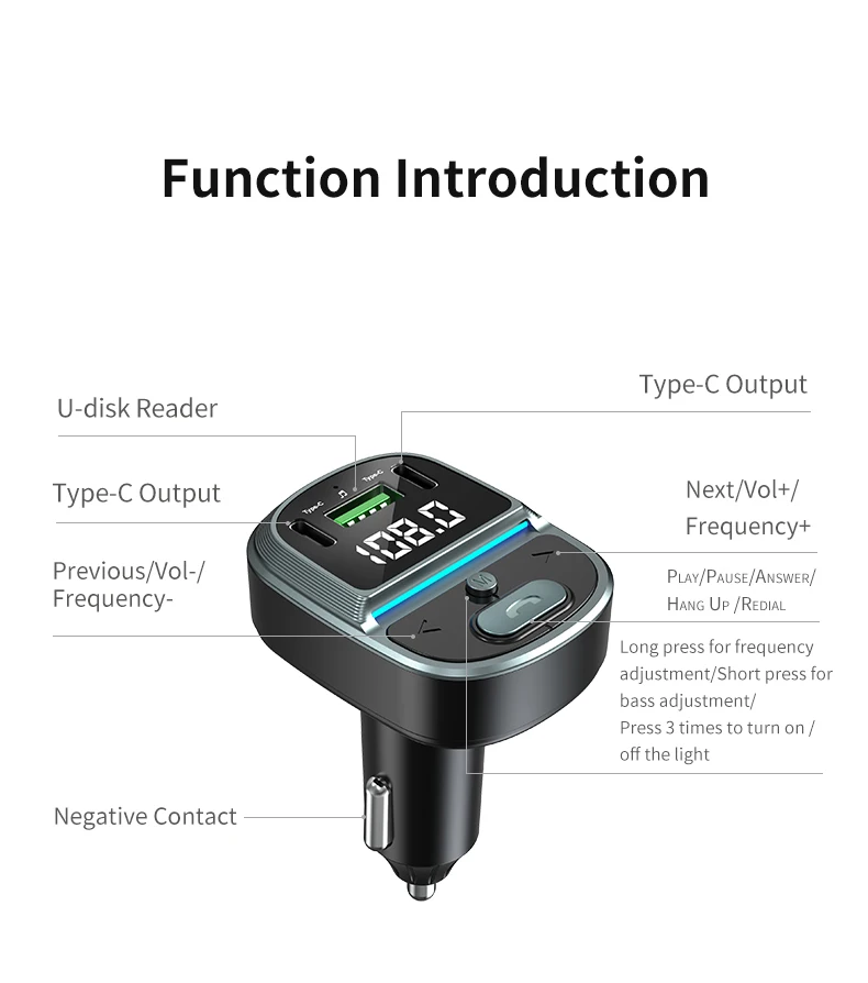 New Bluetooth 5.4 Car FM Transmitter PD Type-C Dual USB Fast Charger Car Adapter Handsfree Radio Modulator MP3 Player