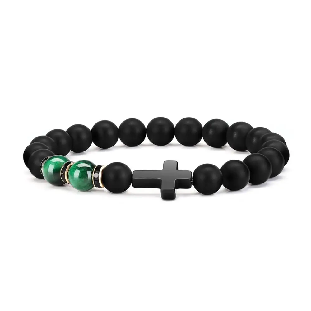 Fashion Men Women Jewelry Black Gemstone Cross High Quality Natural Matte Onyx Colorful Tiger Eye Beads Bracelets