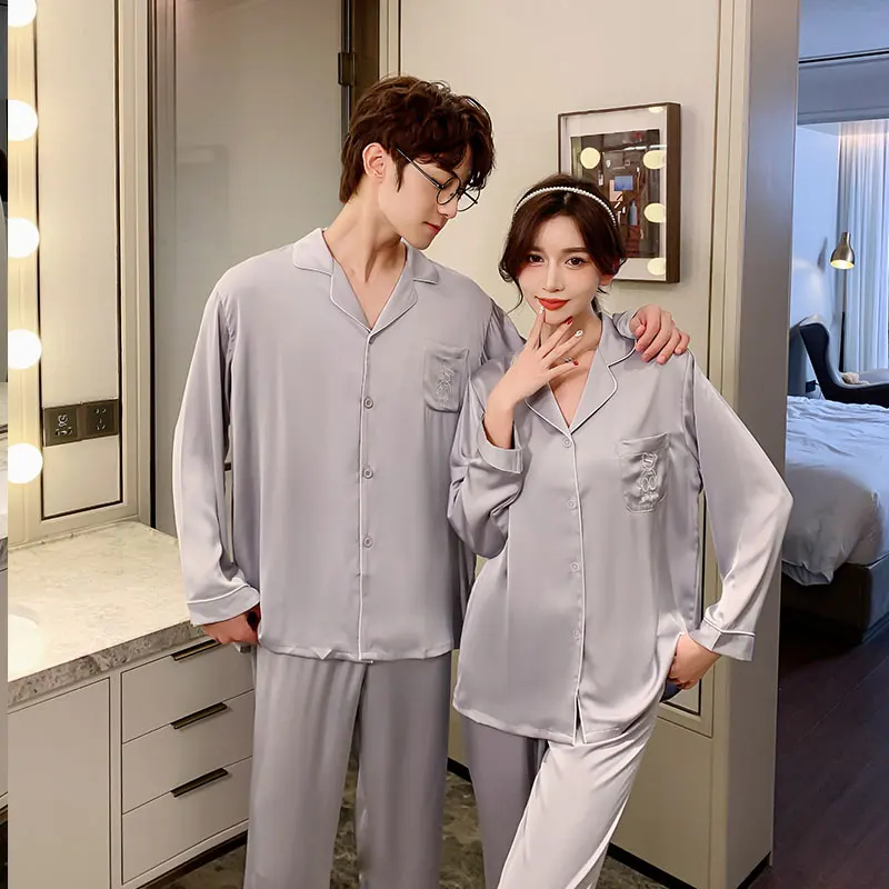 Plus size wonder adult woman womens mens satin ice silk sleepwear sleeping wears ladies couple pajamas sets 2 piece loungewear