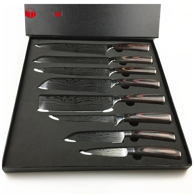 Wholesale price 9pcs sharp wooden stainless steel santoku chef modern knives kitchen knife set with gift box