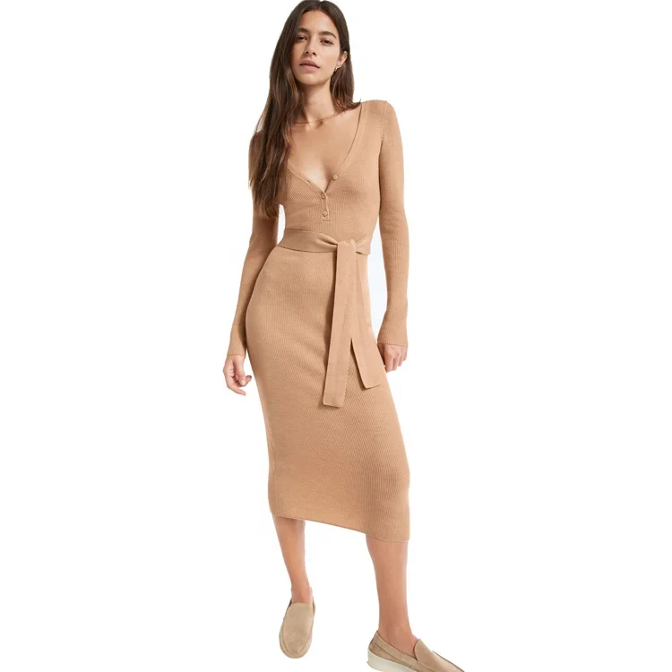 Knitwear manufacturer women casual long sleeves hollow out bodycon sexy wrap midi knitted sweater dress