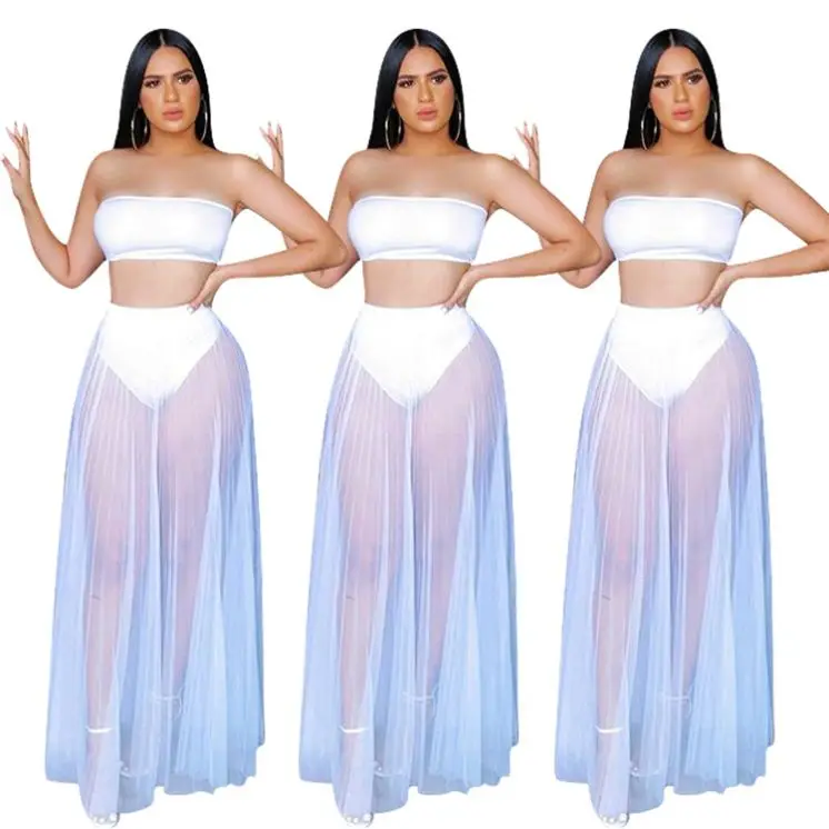 
0320M037 Solid Mesh Tube Top 2021 Summer Sexy 2 Pcs Dress Outfits Long Maxi Skirt And Top Two Piece Set Women Clothing For Women 