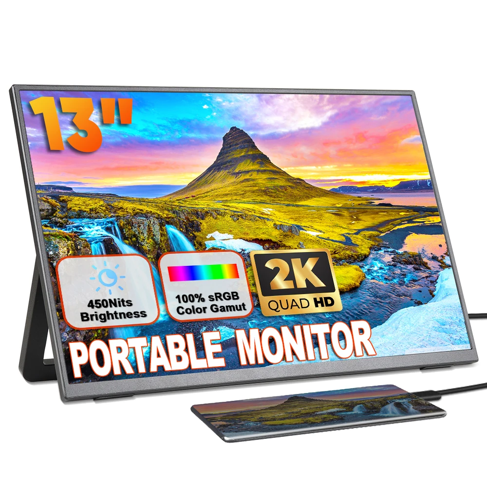 Портативный 2K UHD IPS монитор для ноутбука тонкий свет 13 дюймов HD компьютерный игровой дисплей двойные USB-C колонки VESA путешествия с подставкой