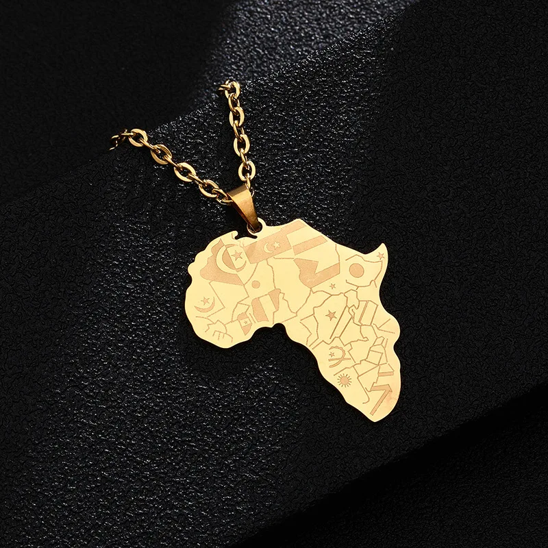 Hip Hop 18K Gold Plated Stainless Steel Jewelry Africa Countries Map Engrave Flag Pendant Choker Necklaces Women Men