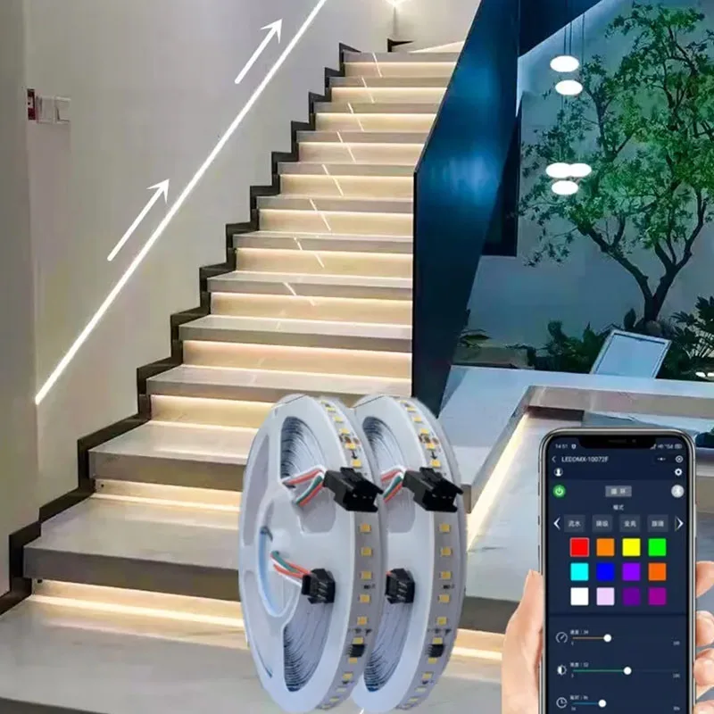 Running water led stair light For Motion sensor led stairs lighting smart stairway led light strip app control staircase