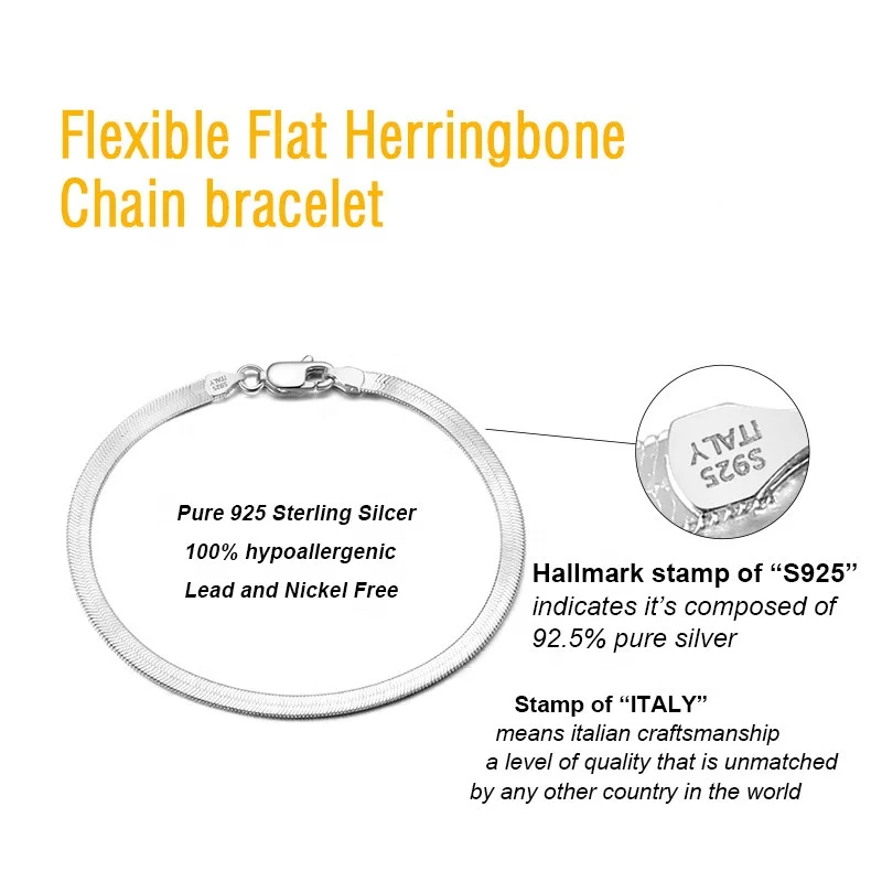 NEW Trendy 3mm 4.5mm 18K Gold Plated 925 Sterling Silver Flat Herringbone Chain Bracelets Woman Snake Bracelet Bangles 16.5-23cm