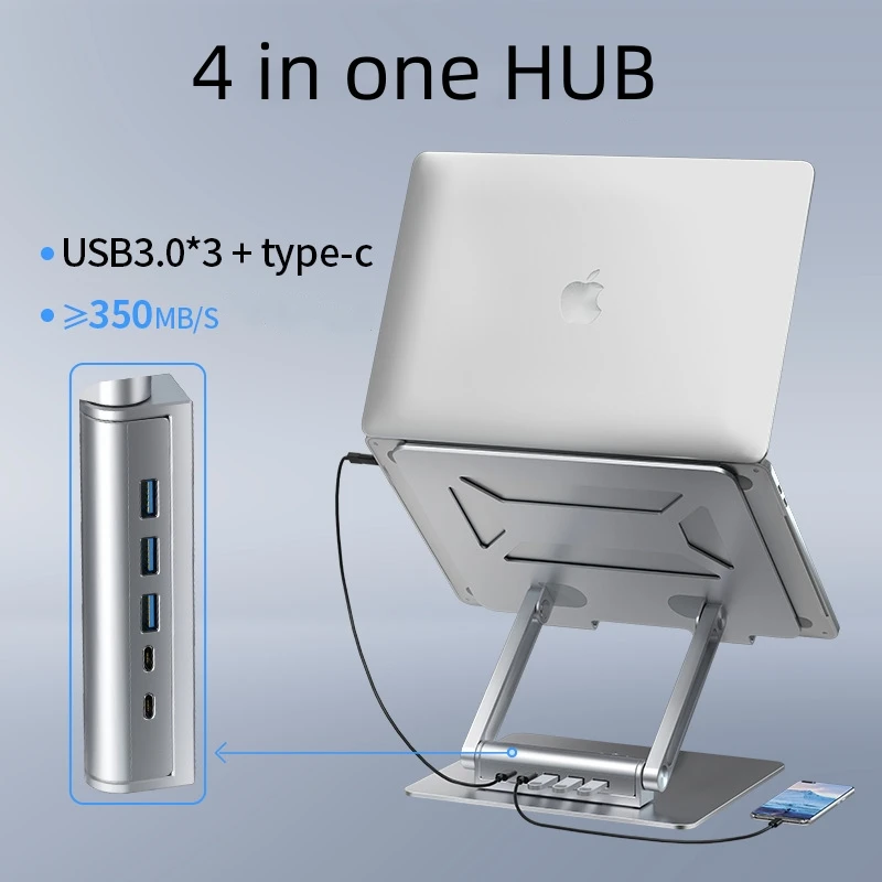 Aluminium 4 in 1 HUB 360 Rotation Laptop Stand Holder USB 3.0 HUB Foldable & Adjustable Portable for Office Use