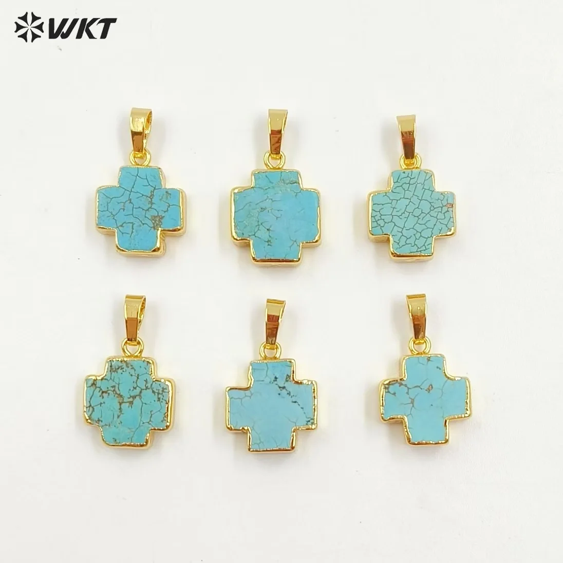 WT-P952 Vintage 18K Real Gold Plated Natural Turquoise Made Cross Pendant Bohemian Green Stone Jewelry Charms For Necklace