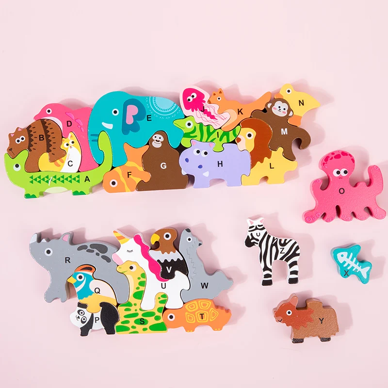 Wooden Cartoon Building Blocks Educational Children Play Shape Matching Toy Letter Blocks Puzzles