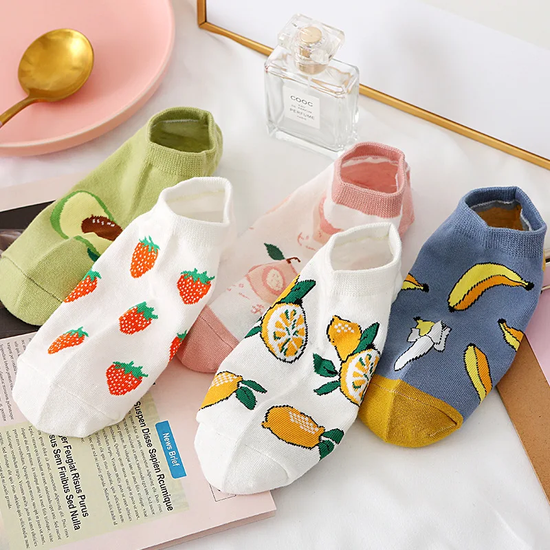 Custom Cute Funny Fruit Happy Art Lovely Women Socks Short Summer Cotton Fashion Banana Strawberry Avocado Ankle Socks