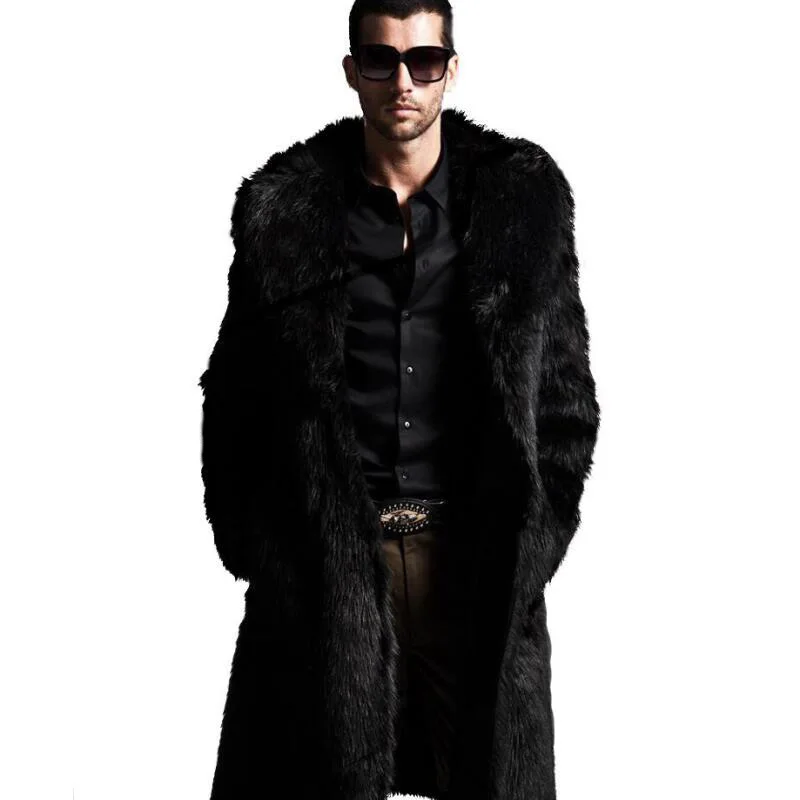 Men Thick Fuzzy Solid Hot Pink Grey Black Faux Fur Coat Warm Winter Long Turn-down Collar Jacket
