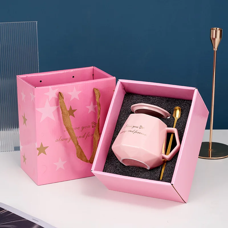 Hot Selling Spot Simple Diamond English Mug Coffee Cup With Cover Spoon Hand Gift Ceramic Cup Gift Box Customizable Logo
