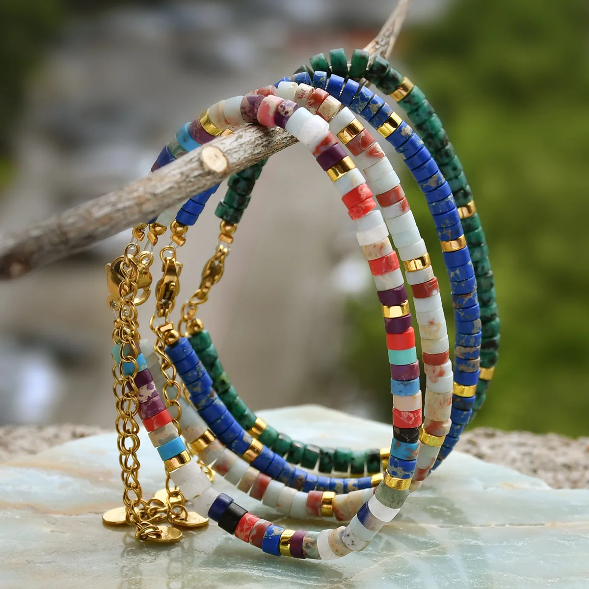 18k Gold PVD Stainless Steel 2x4mm Natural Stone Beads Dainty Bracelet Women Clasp Chain Adjustable Healing Bracelet Wholesale
