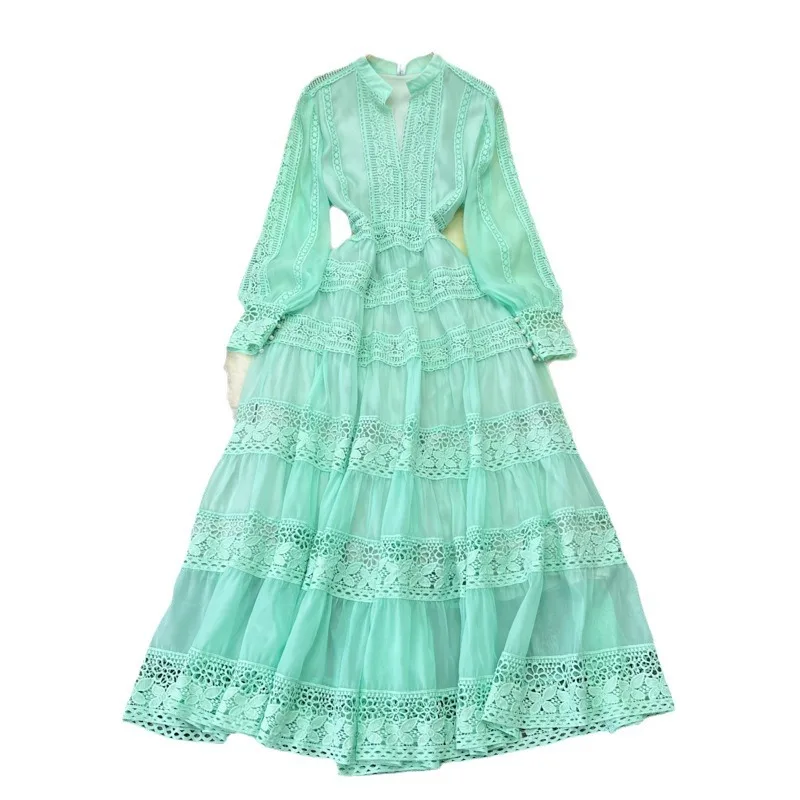 Women Solid Dress V-neck Lantern Sleeves Hollow Out Dress Women Seaside Holiday Dress