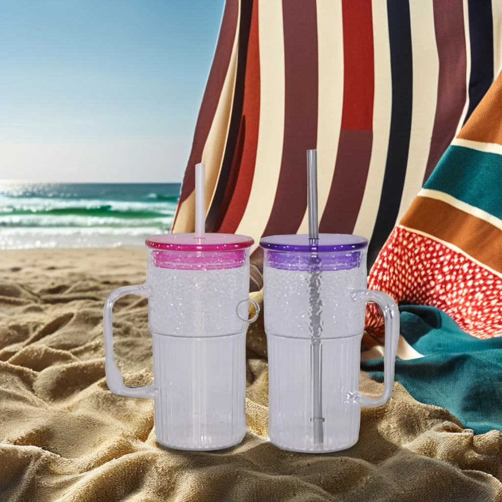 Wholesale Clear Drinking Cup Water Mug with Straw and Lid plastic Glass Tumbler Coffee Mugs Presents Glass Cup Strap handle