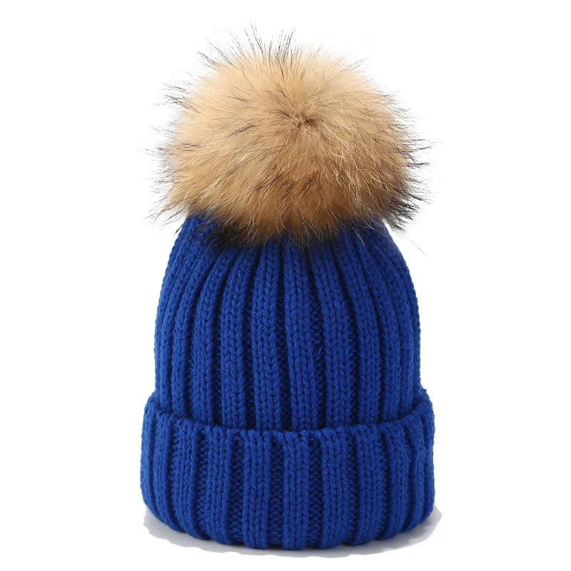 Thick Warm Adult Natural Raccoon Fur Ball Winter solid color Hat Women Knitted Pom Pom wool Beanies
