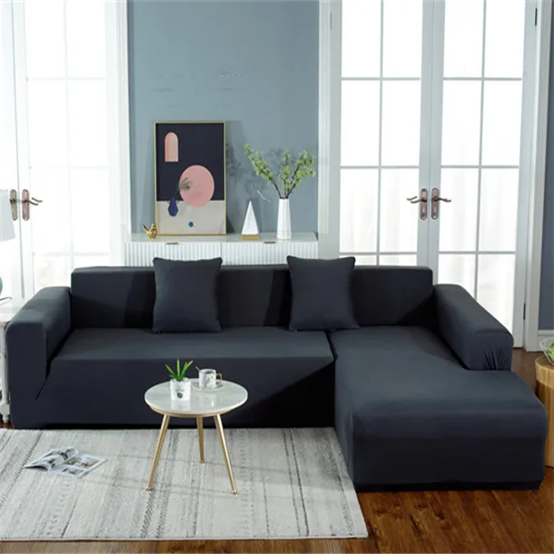 Дешевый растягивающийся чехол для дивана из полиэстера и спандекса современный защитный однотонный L-образной формы с