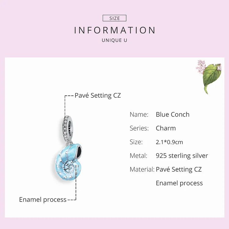 Silver Cute Blue Conch Pendant Charm fit Original Bracelet for Women 925 Sterling Silver Jewelry Making SCC1560