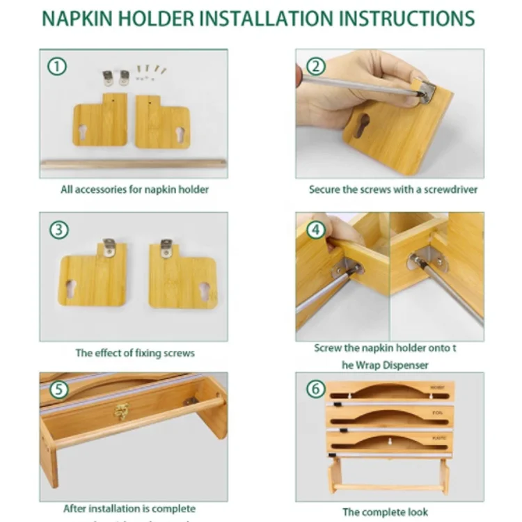 4 in 1 Wrap Dispenser with Cutter and Labels Wall-Mount Bamboo Roll Organizer Holder for Kitchen Drawer