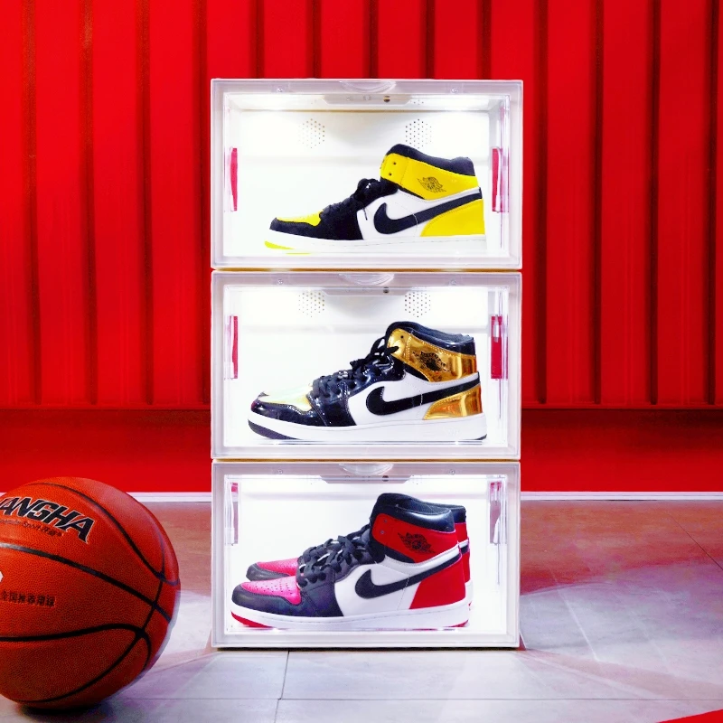 custom logo acrylic nike transparent shoe box packag led acrylic black shoe storage box stackable big giant shoe box storage