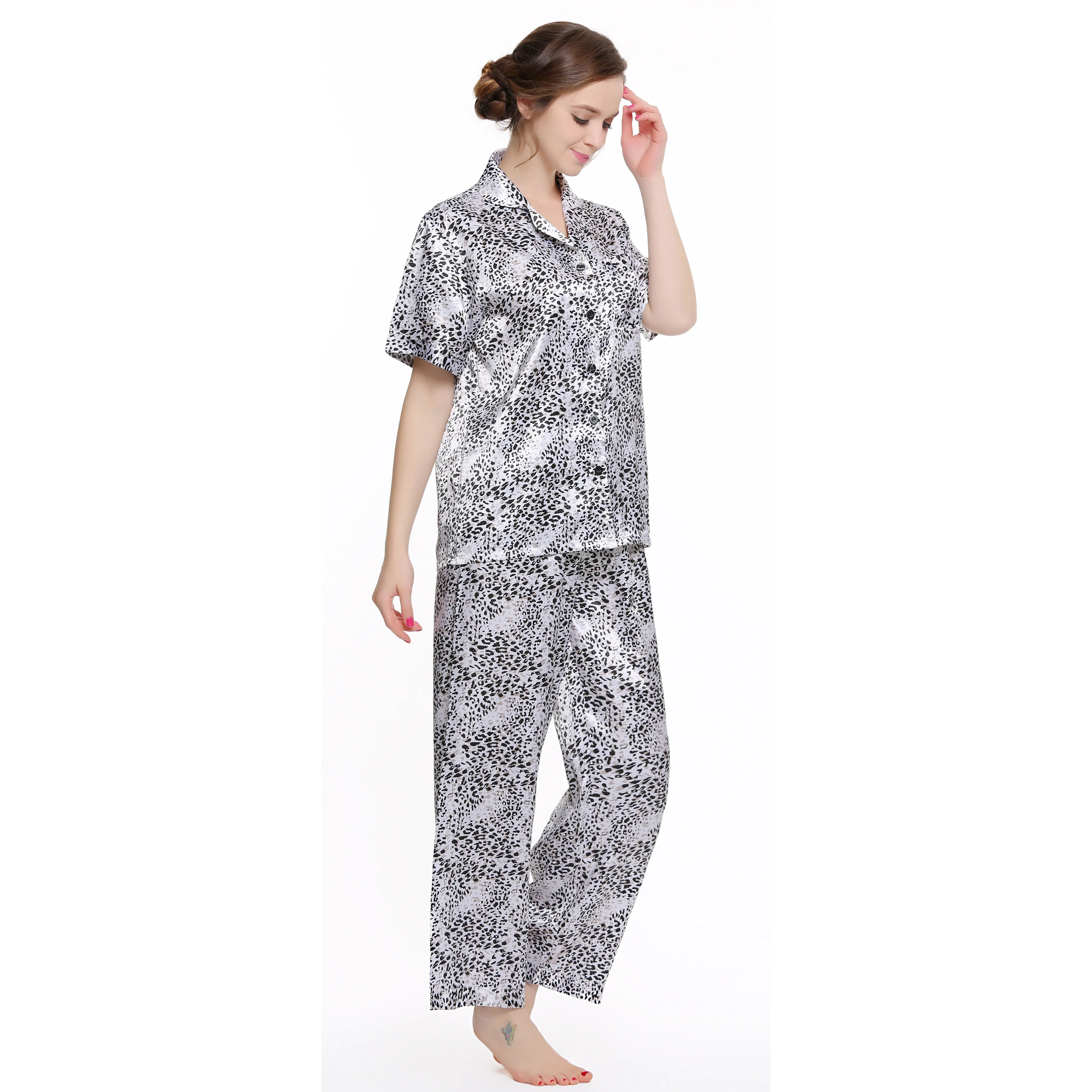 Summer Satin Pajamas Solid Color Short Sleeve Pants 2Pcs Sets Ice Silk Home Wear 5XL Autumn Korean Leisure Sleepwear For Women