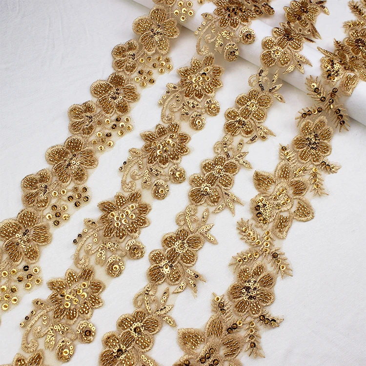 Rhinestone Applique Lace Trimming Border Embroidered Pearl Beaded Sequin Mesh Flower Embroidery Polyester Wedding Lace Trim