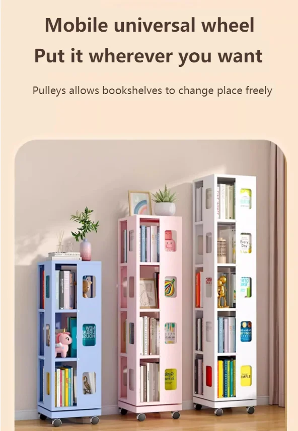 Large Capacity Rotating Book Shelf Space Saving Storage Cabinet for Book Bookcase Steel Bookshelf Racking with Wheels for Home