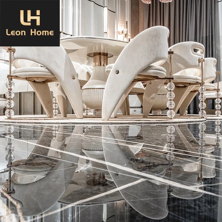 Luxury custom new design wooden oval shape dining table furniture with 8 chair dining table set for villa dining room