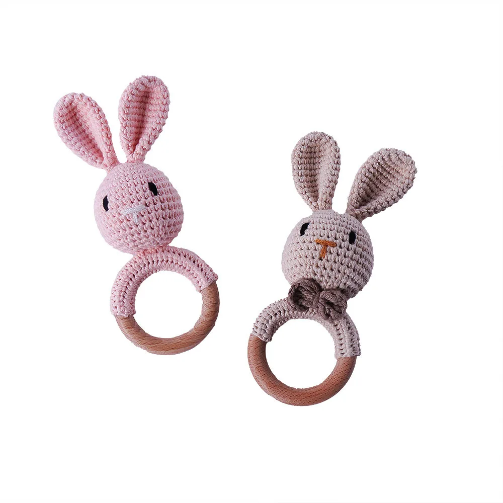 Wholesale Soft Wooden Ring Crochet Bunny Rattle Natural Knitting Teething Cartoon Animals Crochet Wooden Baby Teether