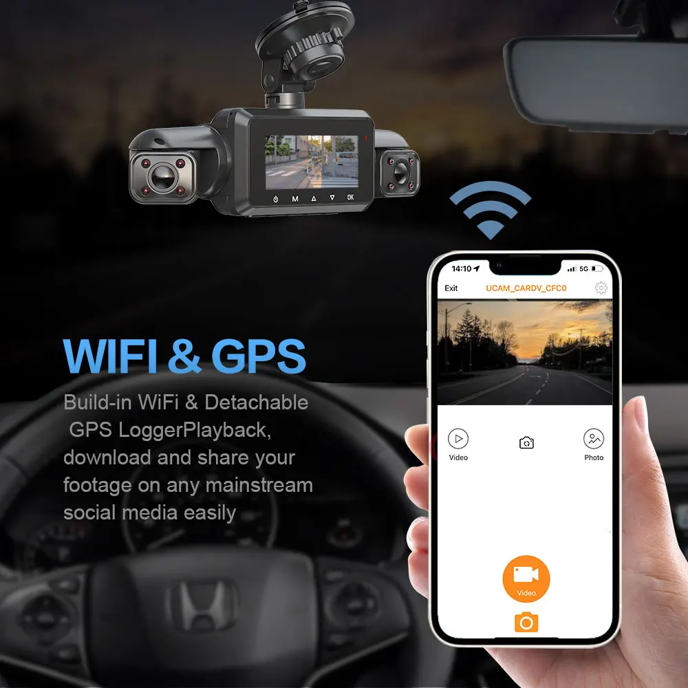 Aoedi AD365 FHD 1080P 4-канальная видеорегистратор WiFi GPS Передняя и задняя Автомобильная камера 3 в 1