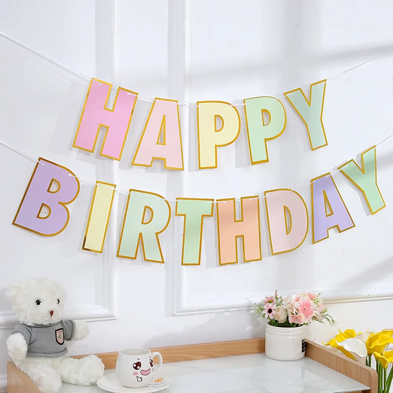 Wholesale happy birthday Party Flag decoration Pulling gold edge colorful Style Boys and Girls party decor Hanging Flag