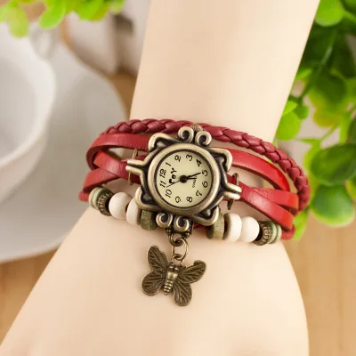 Hot Style Vintage butterfly pendant Watch Hand-woven Vintage Leather Ladies Bracelet Wholesale watch