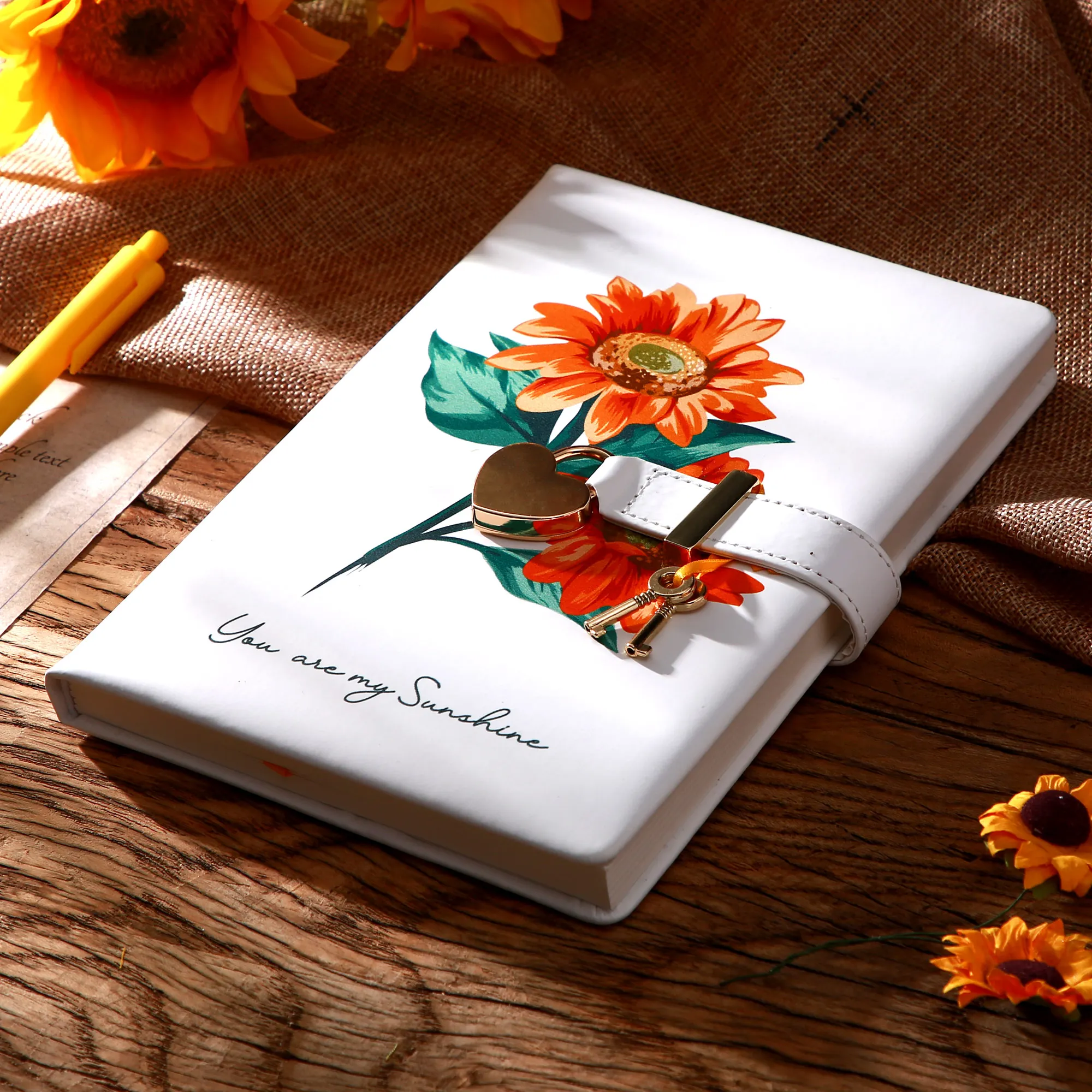 wholesale custom design a5 self care diary for girls sunflower notebook key heart shaped lock leather notebook