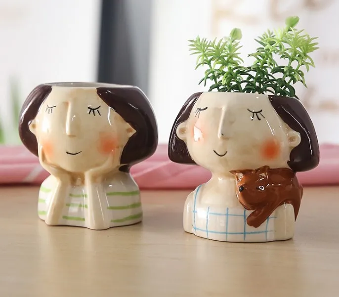 mini ceramic bust girl face vase plant flower pot girl