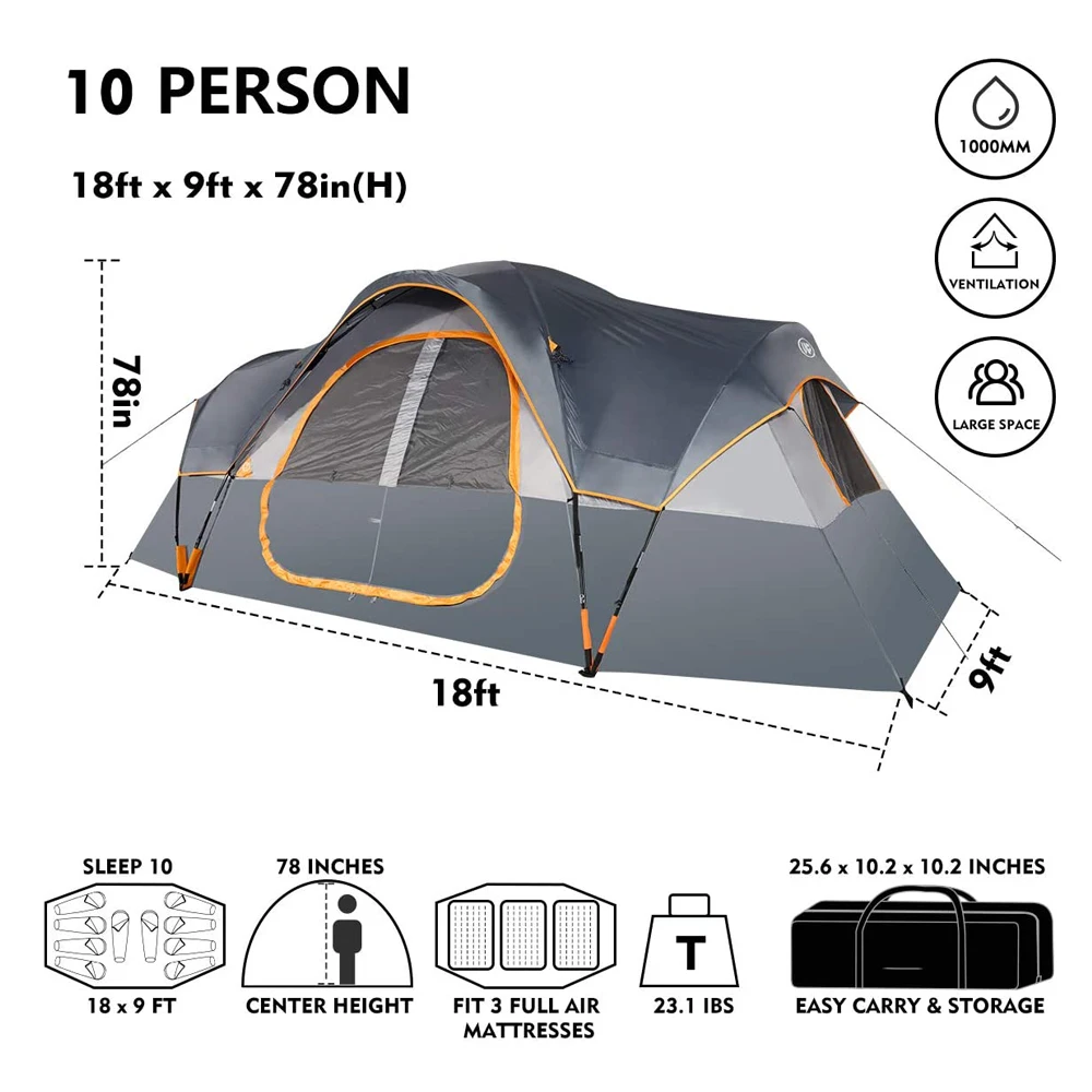 2022 New Style 8-10 person Big Camping Tent Waterproof 2 Bedrooms big size travel tent Outdoor camping tent for family