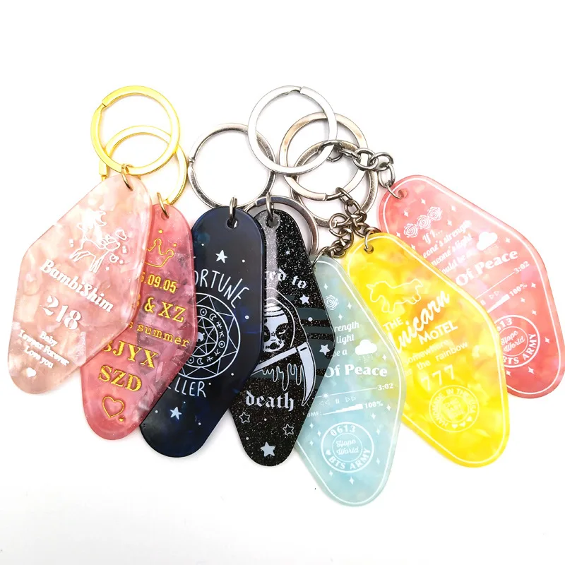 hot sale Material promotional blank plastic custom logo water wave pearl glitter Retro vintage motel room hotel keychain key tag