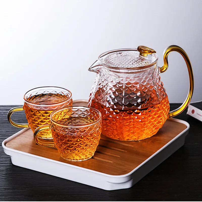 New Design Heat Resistant figure of fish scale Glass Teapot with cup set tea set gift box