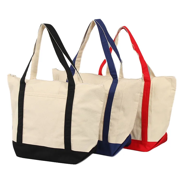
Premium Zippered Boat Tote Cotton Canvas Reusable Grocery Shopping Tote Bag 