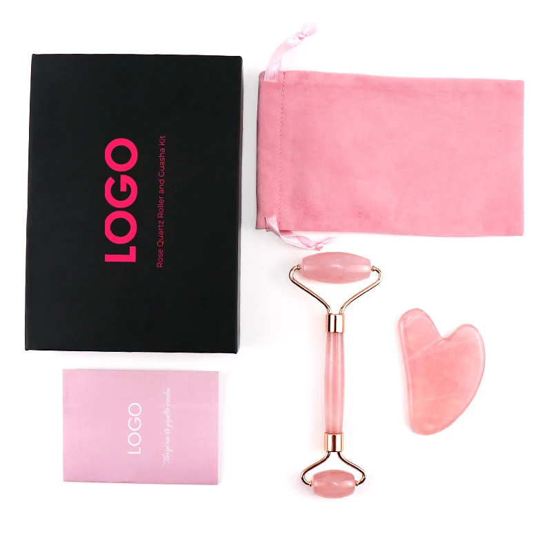 Wholesale Private Label Face Care Anti-Aging Rose Quartz Gua Sha and Jade Roller Of Clamshell Box Facial Roller