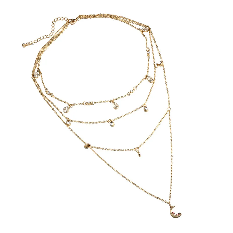 Wholesale and retail Korea simple geometric drop heart choker moon pendant short multi-layer necklace