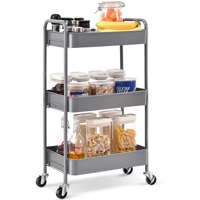 Tool-Free Multi-scene Use 3 Tier Rolling Utility Storage Cart 3 Layer Storage Holder Rack With 4 Wheels For Household