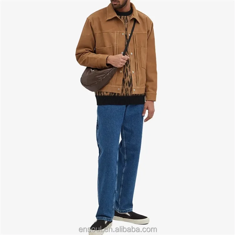 OEM Custom square collar 2 front pockets goat suede leather jacket for men