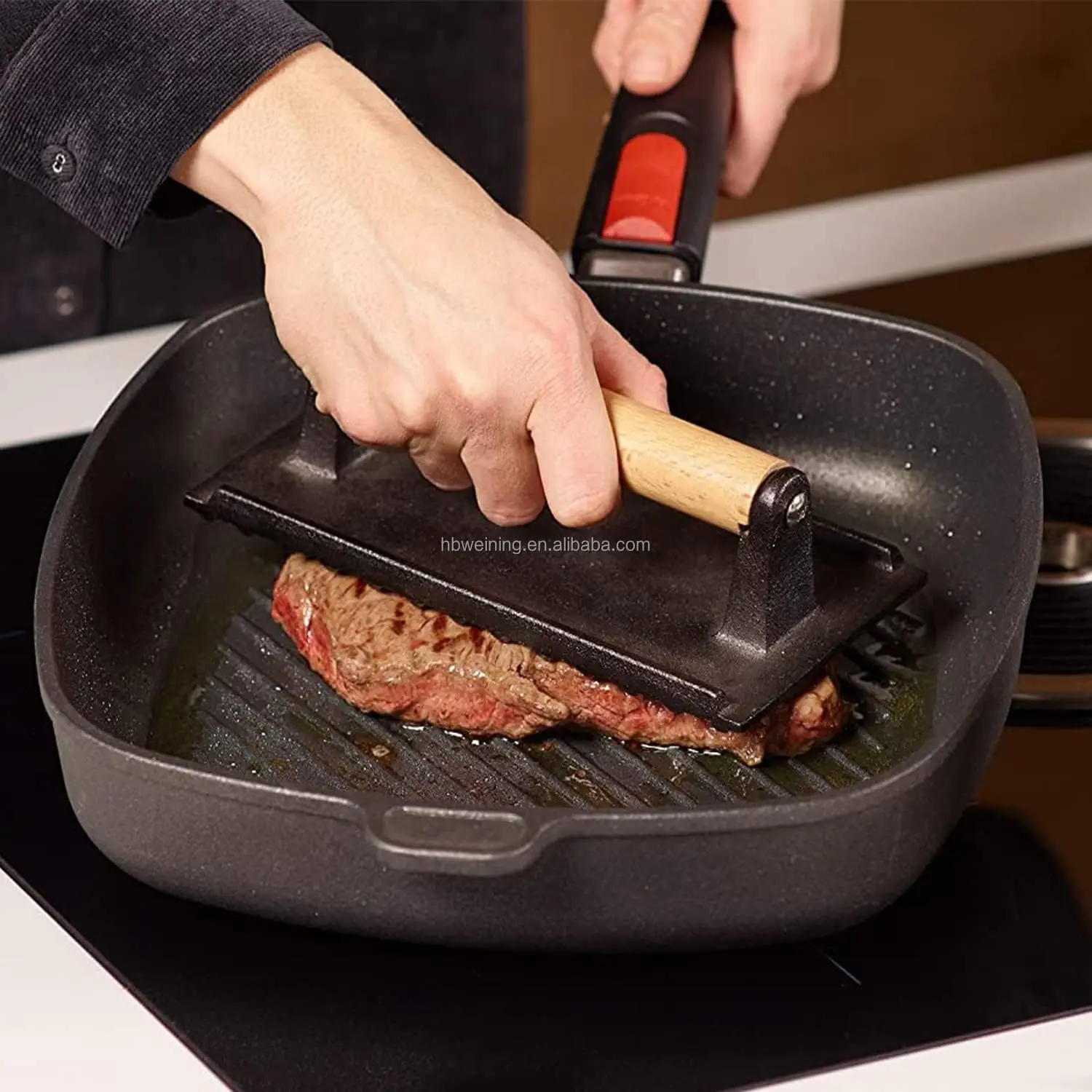 Heavy Duty Chef Press with Wood Handle rectangular shape kitchen BBQ cast iron meat press