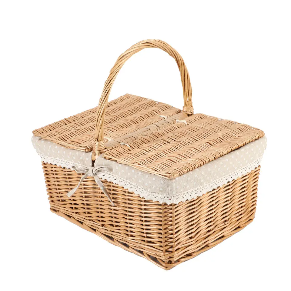 Outdoor Camping Food Fruit Drink Hamper Basket Wicker Picnic Basket with Handle and Lid